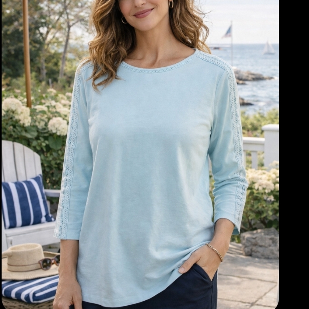 LANDS END 3/4 Sleeve Cotton Slub Ladder LACE Women's AQUA Blue‎ Tunic Shirt M